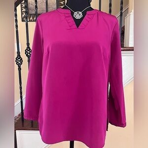 Lands End Fuchsia V Neck 3/4 Sleeve Satin Blouse